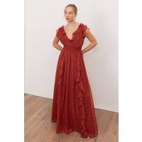 Anaya with Love Women's Plunge Neck Waterfall Ruffle Maxi Dress in Red | Size: 12