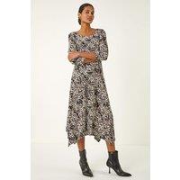 Roman Women's Printed Hanky Hem Stretch Midi Dress in Beige | Size: 18