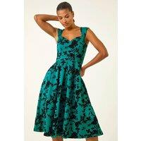 Roman Women's Glitter Floral Flocked Premium Stretch Dress in Teal | Size: 20