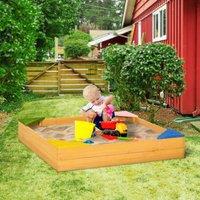 OUTSUNNY Kids Wooden Sandpit, Children Sandbox with Four Seats, Non-Woven Fabric in Brown