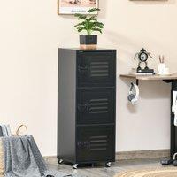 HOMCOM Rolling Storage Cabinet 3-Tier Mobile File Cabinet on Wheels Metal Doors in Black