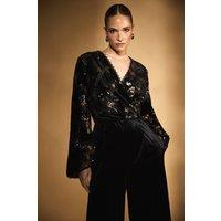 Coast Women's V Neck Blouson Sleeve Floral Sequin Jumpsuit in Black | Size: 12