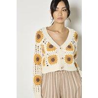 Apricot Women's Sunflower Hand-Knit Crochet Cardigan in Stone | Size: 12