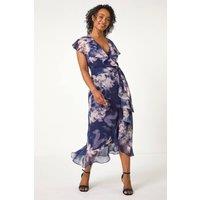 Roman Women's Petite Floral Print Frill Midi Dress in Navy | Size: 8