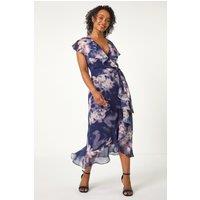 Roman Women's Petite Floral Print Frill Midi Dress in Navy | Size: 10