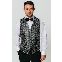 Dobell Men's Black/Silver Edwardian Swirl Jacquard Waistcoat in Black | Size: Large
