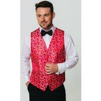 Dobell Men's Red/Silver Edwardian Swirl Jacquard Waistcoat in Red | Size: 2XL