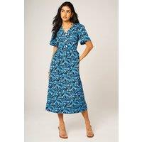 FS Collection Women's Floral Print Button Detail Shirred Waist Midi Dress in Royal | Size: XL