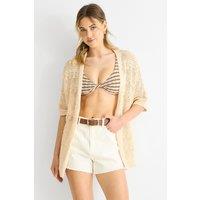 Gini London Women's Beige Crochet Knit Edge to Edge Cardigan | Size: 10