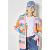 Apricot Women's Colourful Stripe Fluffy Knit Cardigan in Pink | Size: 12