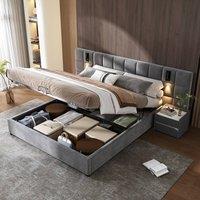 Matteo Velvet Double Bed with Hydraulic Storage, Lamp & USB - Grey