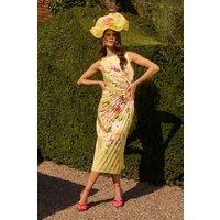 Coast Women's Lisa Tan Pleated Floral Midi Dress With Pleat Detail in Yellow | Size: 12