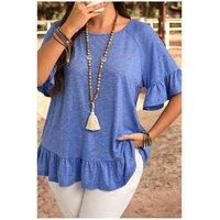 Everyday The Label Women's Dusk Blue Ruffled Short Sleeve Plus Size Casual Blouse in Mid Blue | Size: 3XL