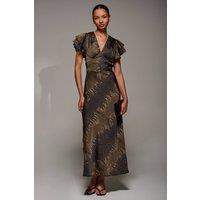Jolie Moi Women's Ruffle Sleeve Print Satin Maxi Dress in Brown | Size: 10
