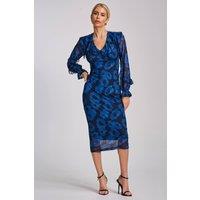 Jolie Moi Women's Long Sleeve Ruffle Detail Mesh Bodycon Dress in Blue | Size: 16