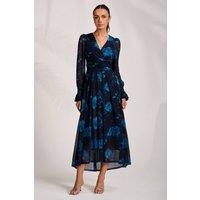 Jolie Moi Women's Long Sleeve V Neck Mesh Maxi Dress in Navy | Size: 10