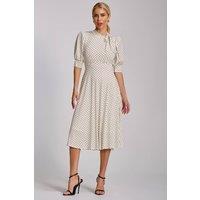 Jolie Moi Women's Tie Neck Puffy Sleeve Jersey Midi Dress in Off-White | Size: 20