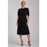 Jolie Moi Women's Tie Neck Puffy Sleeve Jersey Midi Dress in Black | Size: 18