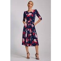 Jolie Moi Women's Sleeve Printed Jersey Midi Dress in Navy | Size: 12