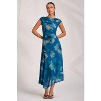 Jolie Moi Women's Asymmetric Draped Mesh Midaxi Dress in Teal | Size: 12