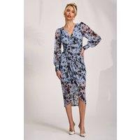 Jolie Moi Women's Lace Long Sleeve Ruched Bodycon Dress in Blue | Size: 16