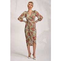 Jolie Moi Women's Lace Long Sleeve Ruched Bodycon Dress in Green | Size: 18