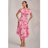 Jolie Moi Women's Asymmetric Printed Lace Draped Dress in Pink | Size: 20