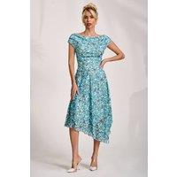 Jolie Moi Women's Asymmetric Printed Lace Draped Dress in Blue | Size: 16
