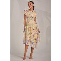 Jolie Moi Women's Asymmetric Printed Lace Draped Dress in Yellow | Size: 18