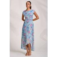 Jolie Moi Women's Asymmetric Draped Mesh Maxi Dress in Blue | Size: 12