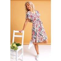 Dusk Women's Floral Frill Sleeve Belted Wrap Dress in Ivory | Size: XS