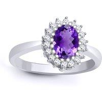 Jewelco London Women's 9ct White Gold Diamond Amethyst Classic Royal Cluster Ring 11mm in Silver | Size: Medium