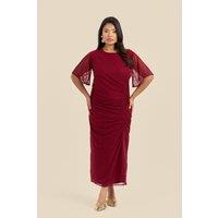 FASHION-SZN Women's Plus Size Ruched Mesh Angel Sleeve Midaxi Dress in Dark Red | Size: 24