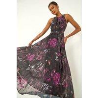 Roman Women's Floral Pleated Halter Neck Maxi Dress in Black | Size: 20