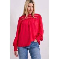 Dorothy Perkins Women's Contrast Stitching Shirred Yoke Long Sleeve Blouse in Berry | Size: 14