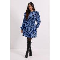 Dorothy Perkins Women's Petite Blue Daisy Frill Yoke Belted Mini Shirt Dress | Size: 12