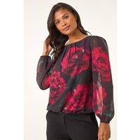Roman Women's Floral Print Sequin Top in Red | Size: 12