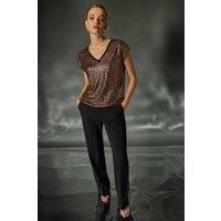 Roman Women's Sequin V-Neck Stretch Top in Bronze | Size: 14
