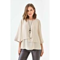 HOXTON GAL Women's Oversized Women Layered Blouse with 3/4 Sleeve & Necklace in Beige | Size: 8-10