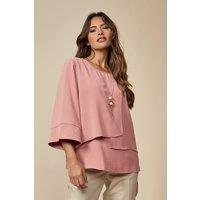 HOXTON GAL Women's Oversized Women Layered Blouse with 3/4 Sleeve & Necklace in Pink | Size: 12-14