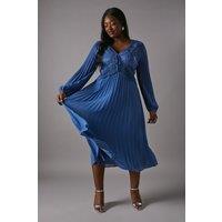 Coast Women's Plus Lace Insert Long Sleeve Pleated Midi Dress in Blue | Size: 18