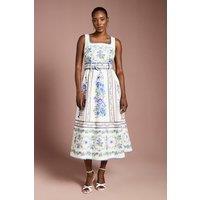 Coast Women's Belted Floral Placement Print Full Skirted Cotton Midi Dress in Ivory | Size: 14