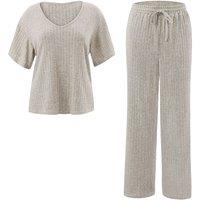 MODISHION Women's 2 Piece Knitted Casual Loungewear Set in Beige | Size: Medium