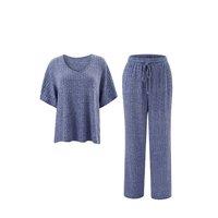 MODISHION Women's 2 Piece Knitted Casual Loungewear Set in Blue | Size: XL