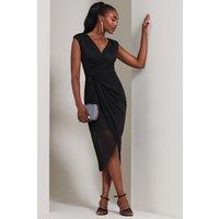 Jolie Moi Women's Embellished Ruched Mesh Midi Dress in Black | Size: 8