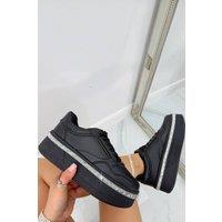 Love Lemonade Women's Crystal Diamante Trim Platform Trainers in Black | Size: 3