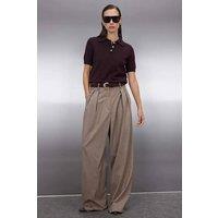 HOXTON GAL Women's Regular Fit Embellished Polo Neck Short Sleeve Knit Top in Brown | Size: Large