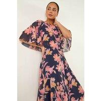 Roman Women's Petite Floral Print Cape Dress in Navy | Size: 14