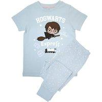 Harry Potter Girl's Hogwarts Express Stars Short-Sleeved Long Pyjama Set in Baby Blue | Size: 4-5 Years