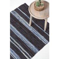 Homescapes Texas Leather & Denim Woven Striped Blue Rug | Size: 90 cm x 150 cm